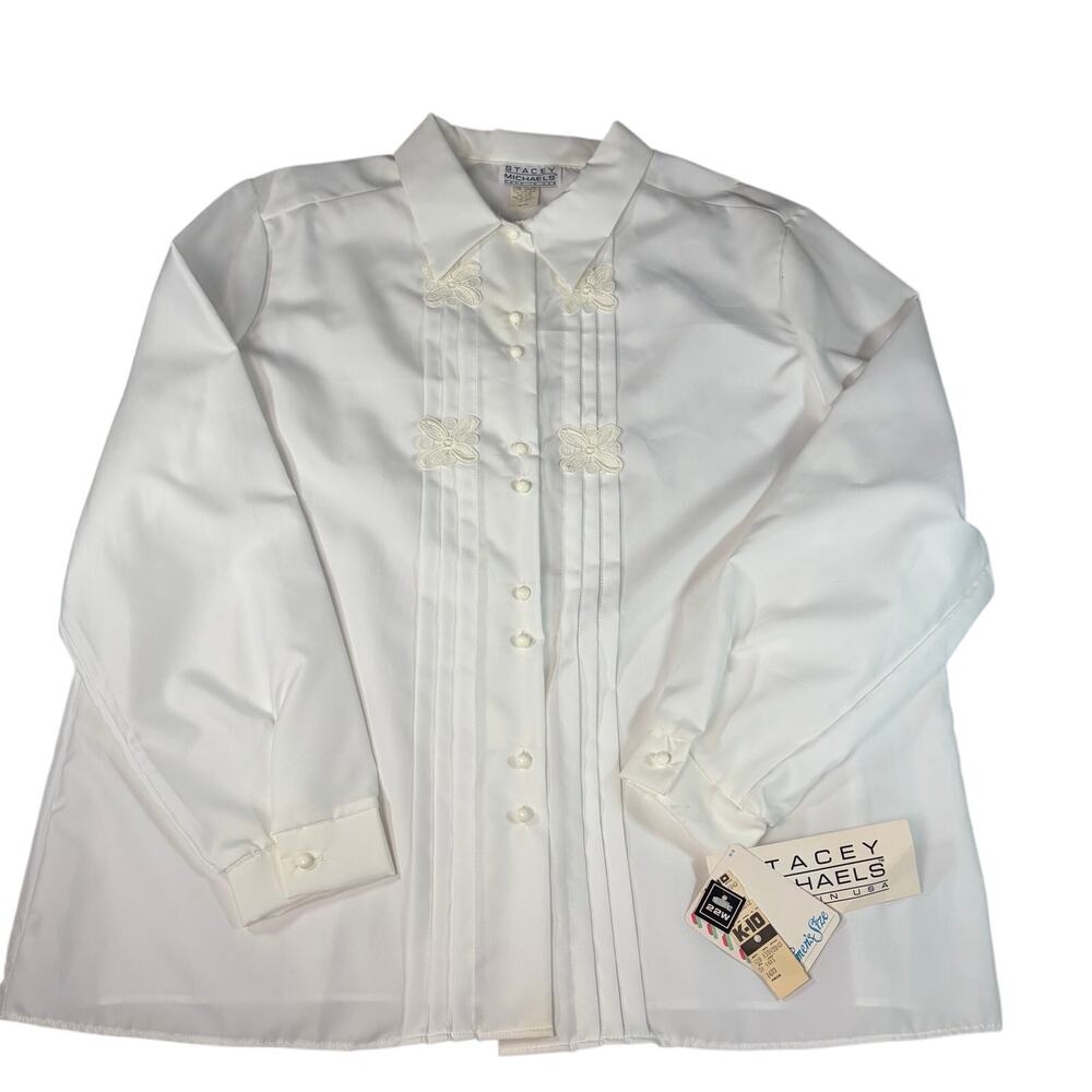 VTG NWT womens white button up blouse flower applique pleats. Size 22W. praire